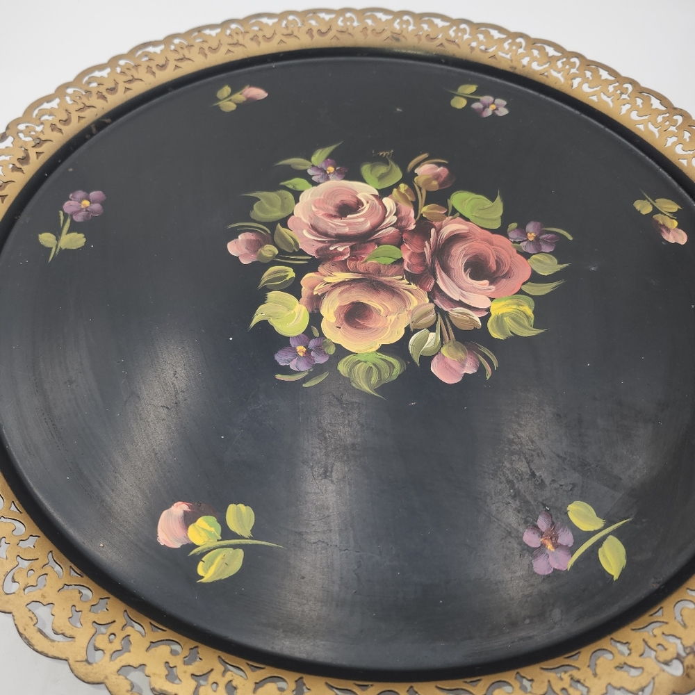 Hand-Painted Floral Black Decorative Tray